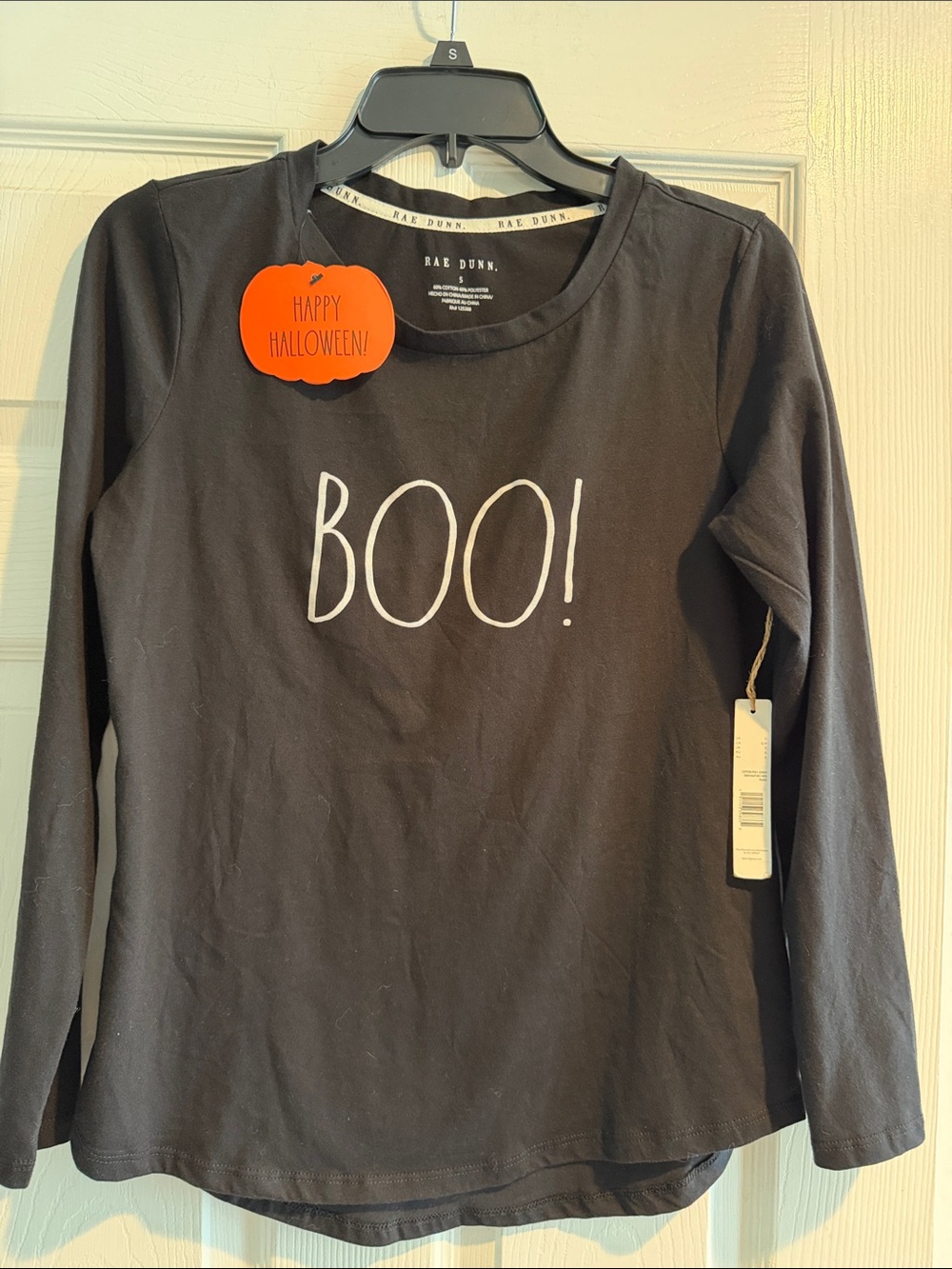 Rae Dunn women’s  Black Long Sleeve Shirt with White BOO! Graphic